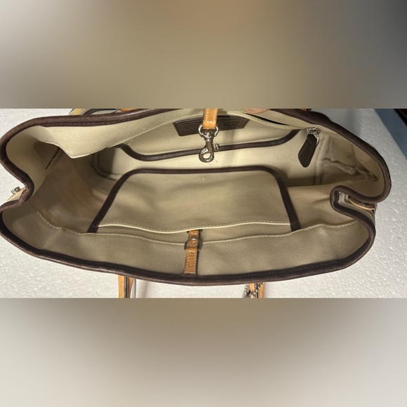 Vintage Rare Coach Leather Canvas Striped Brown Yellow & Tan Satchel Bag. - Picture 2 of 6